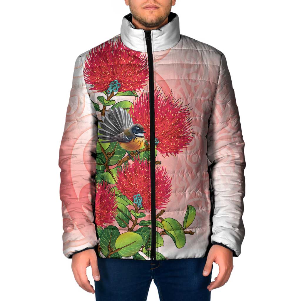 New Zealand Fantail Padded Jacket Maori Koru With Pohutukawa Flowers - Polynesian Pride