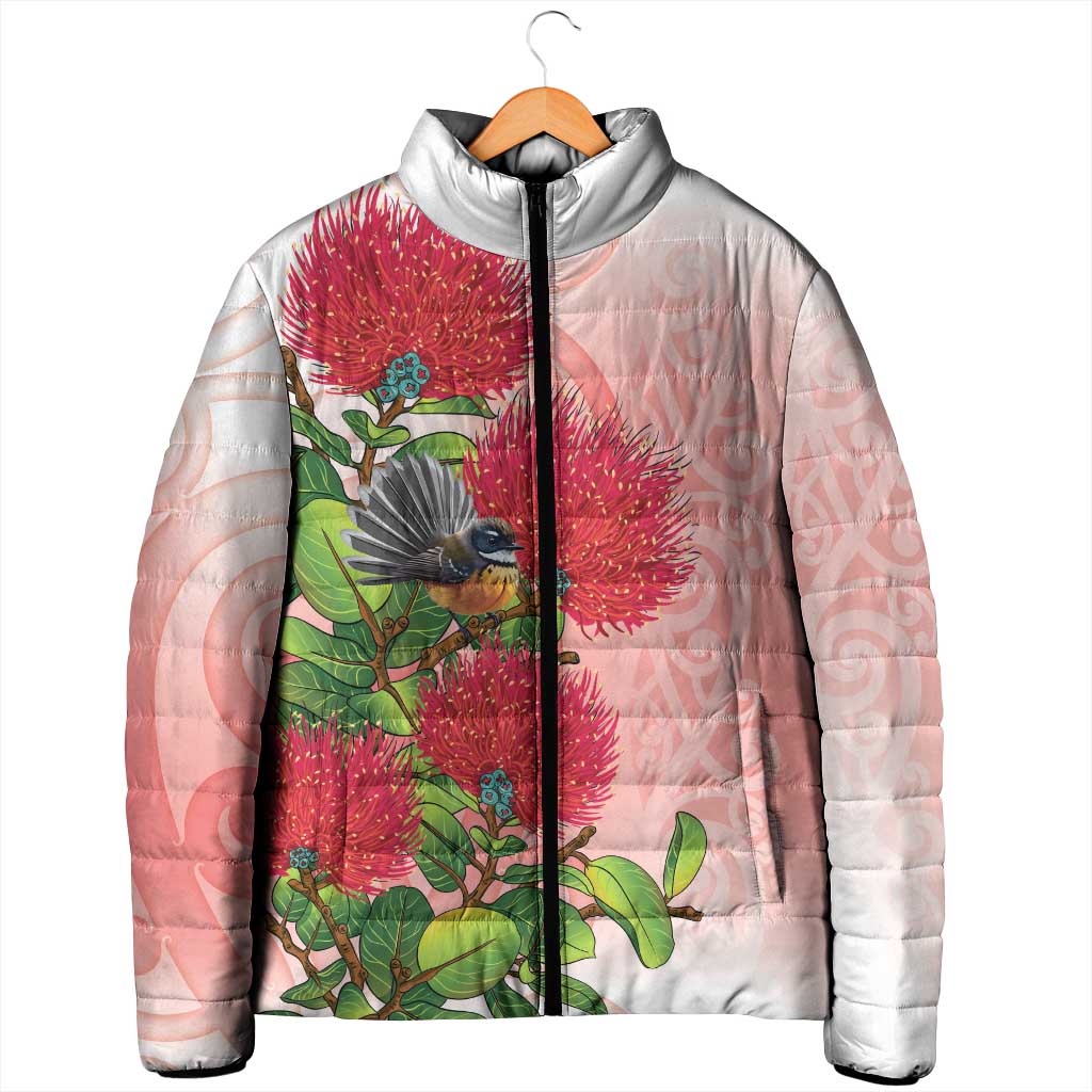 New Zealand Fantail Padded Jacket Maori Koru With Pohutukawa Flowers - Polynesian Pride