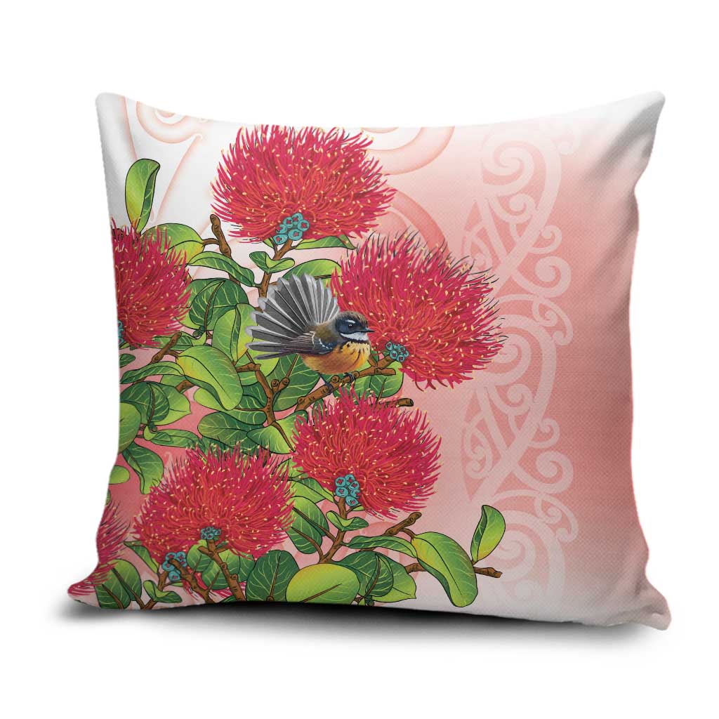 New Zealand Fantail Pillow Cover Maori Koru With Pohutukawa Flowers - Polynesian Pride