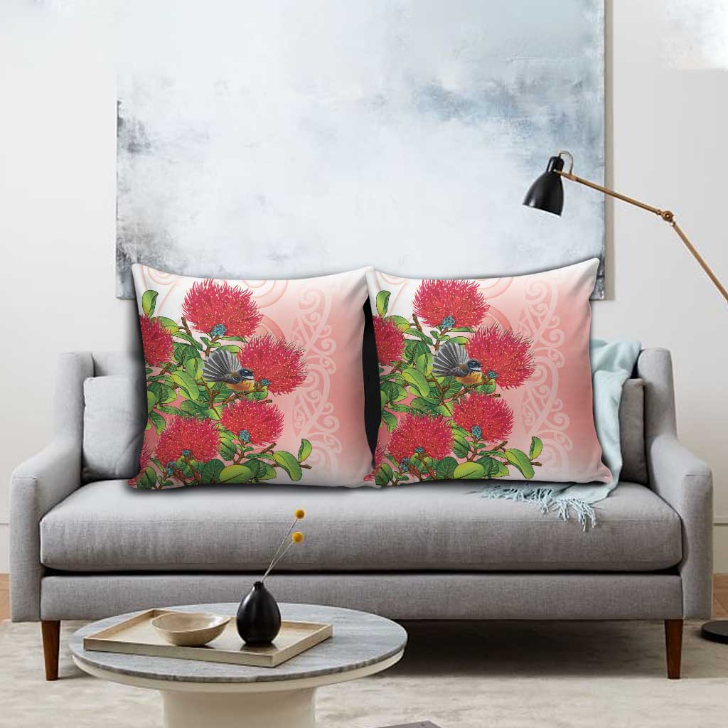 New Zealand Fantail Pillow Cover Maori Koru With Pohutukawa Flowers - Polynesian Pride