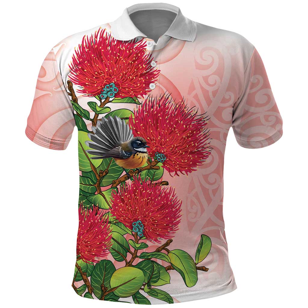 New Zealand Fantail Polo Shirt Maori Koru With Pohutukawa Flowers - Polynesian Pride