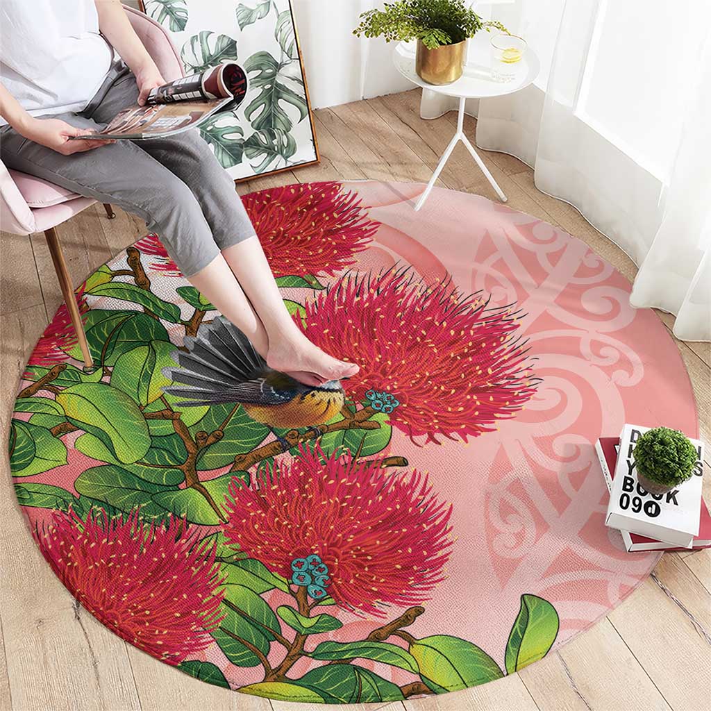 New Zealand Fantail Round Carpet Maori Koru With Pohutukawa Flowers - Polynesian Pride