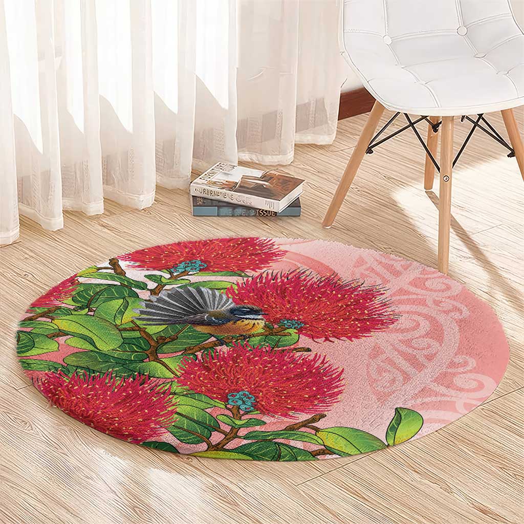 New Zealand Fantail Round Carpet Maori Koru With Pohutukawa Flowers - Polynesian Pride