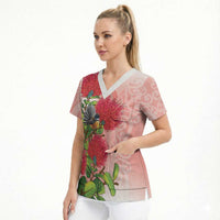 New Zealand Fantail Scrub Top Maori Koru With Pohutukawa Flowers - Polynesian Pride