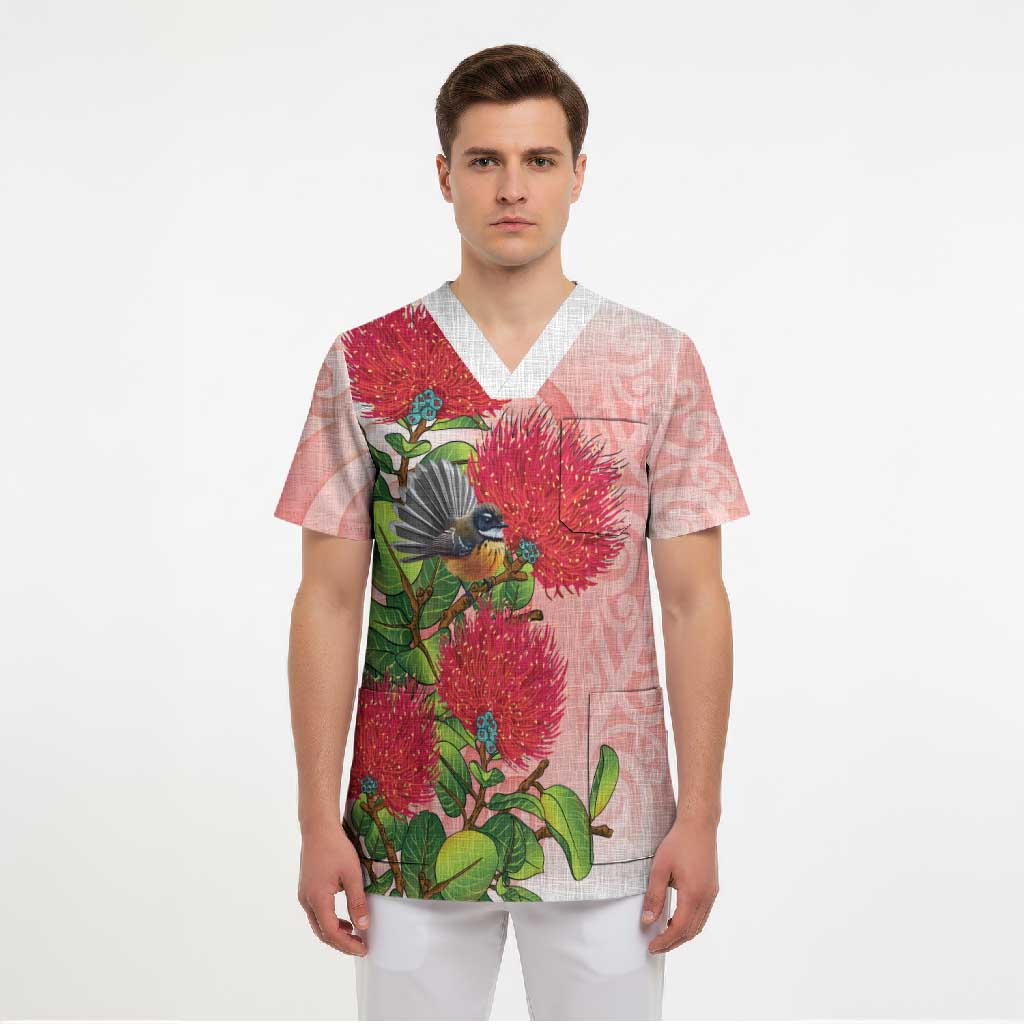 New Zealand Fantail Scrub Top Maori Koru With Pohutukawa Flowers - Polynesian Pride