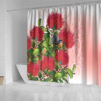 New Zealand Fantail Shower Curtain Maori Koru With Pohutukawa Flowers - Polynesian Pride