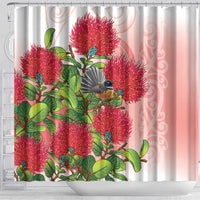 New Zealand Fantail Shower Curtain Maori Koru With Pohutukawa Flowers - Polynesian Pride