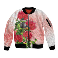 New Zealand Fantail Sleeve Zip Bomber Jacket Maori Koru With Pohutukawa Flowers - Polynesian Pride