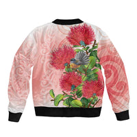 New Zealand Fantail Sleeve Zip Bomber Jacket Maori Koru With Pohutukawa Flowers - Polynesian Pride