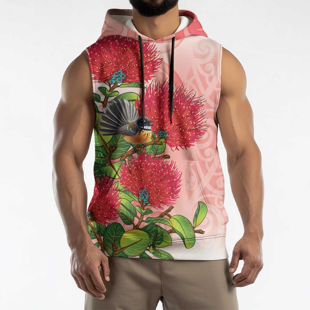 New Zealand Fantail Sleeveless Hoodie Maori Koru With Pohutukawa Flowers - Polynesian Pride