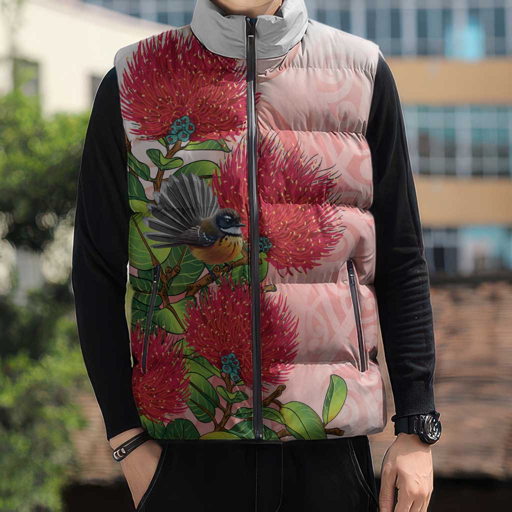 New Zealand Fantail Sleeveless Puffer Jacket Maori Koru With Pohutukawa Flowers - Polynesian Pride