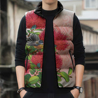New Zealand Fantail Sleeveless Puffer Jacket Maori Koru With Pohutukawa Flowers - Polynesian Pride