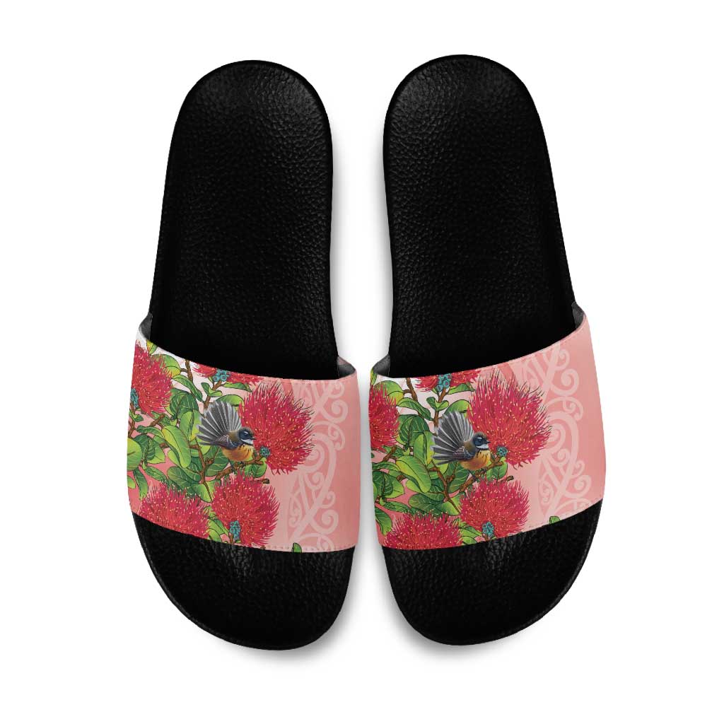 New Zealand Fantail Slide Sandals Maori Koru With Pohutukawa Flowers - Polynesian Pride