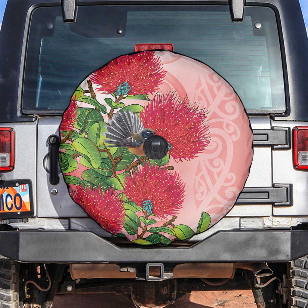 New Zealand Fantail Spare Tire Cover Maori Koru With Pohutukawa Flowers - Polynesian Pride