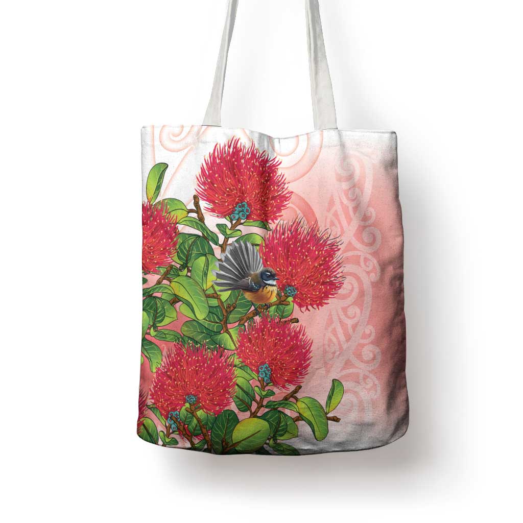 New Zealand Fantail Tote Bag Maori Koru With Pohutukawa Flowers - Polynesian Pride