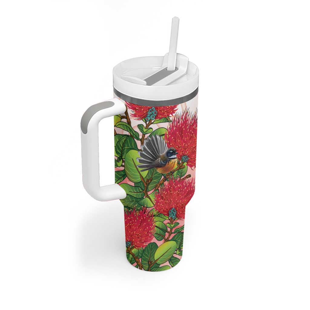 New Zealand Fantail Tumbler With Handle Maori Koru With Pohutukawa Flowers - Polynesian Pride
