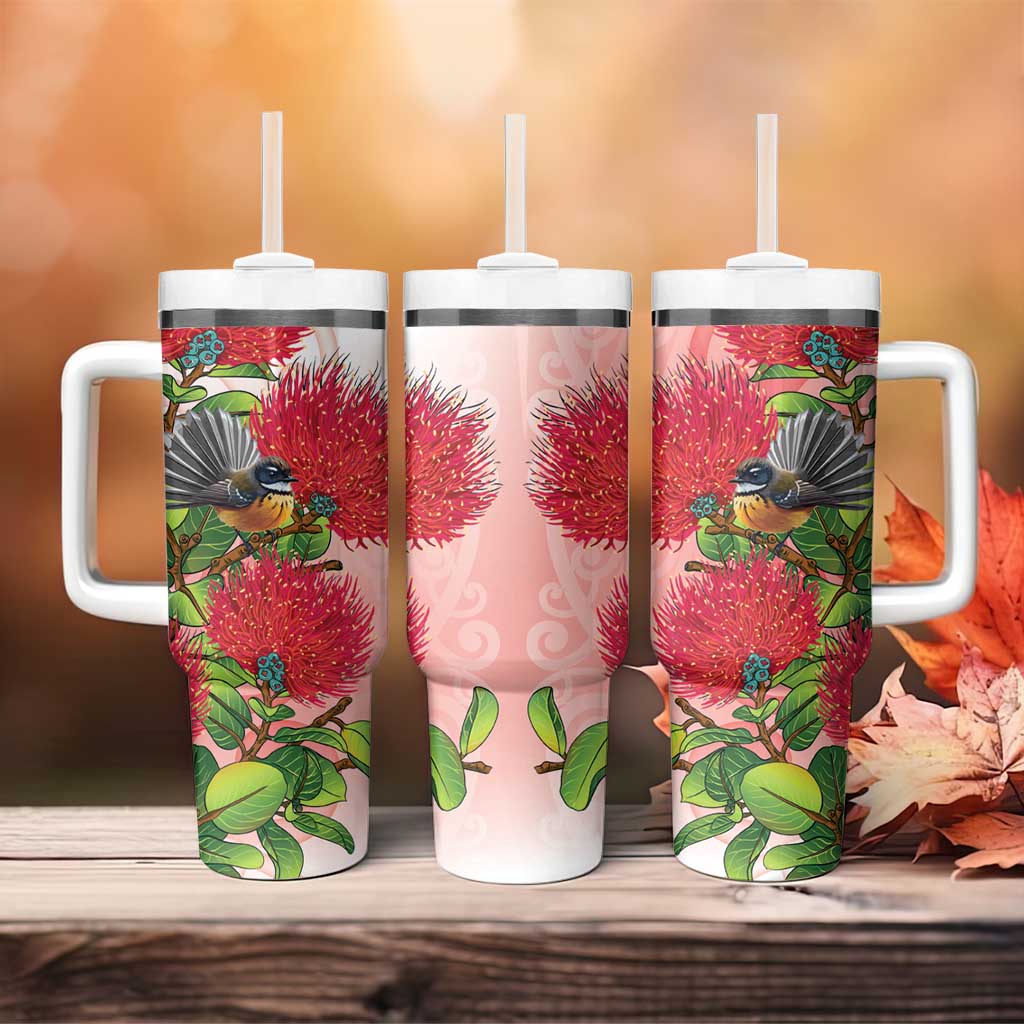 New Zealand Fantail Tumbler With Handle Maori Koru With Pohutukawa Flowers - Polynesian Pride