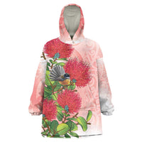 New Zealand Fantail Wearable Blanket Hoodie Maori Koru With Pohutukawa Flowers - Polynesian Pride