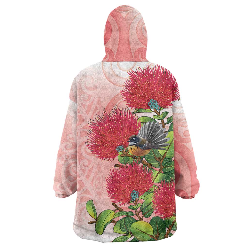 New Zealand Fantail Wearable Blanket Hoodie Maori Koru With Pohutukawa Flowers - Polynesian Pride