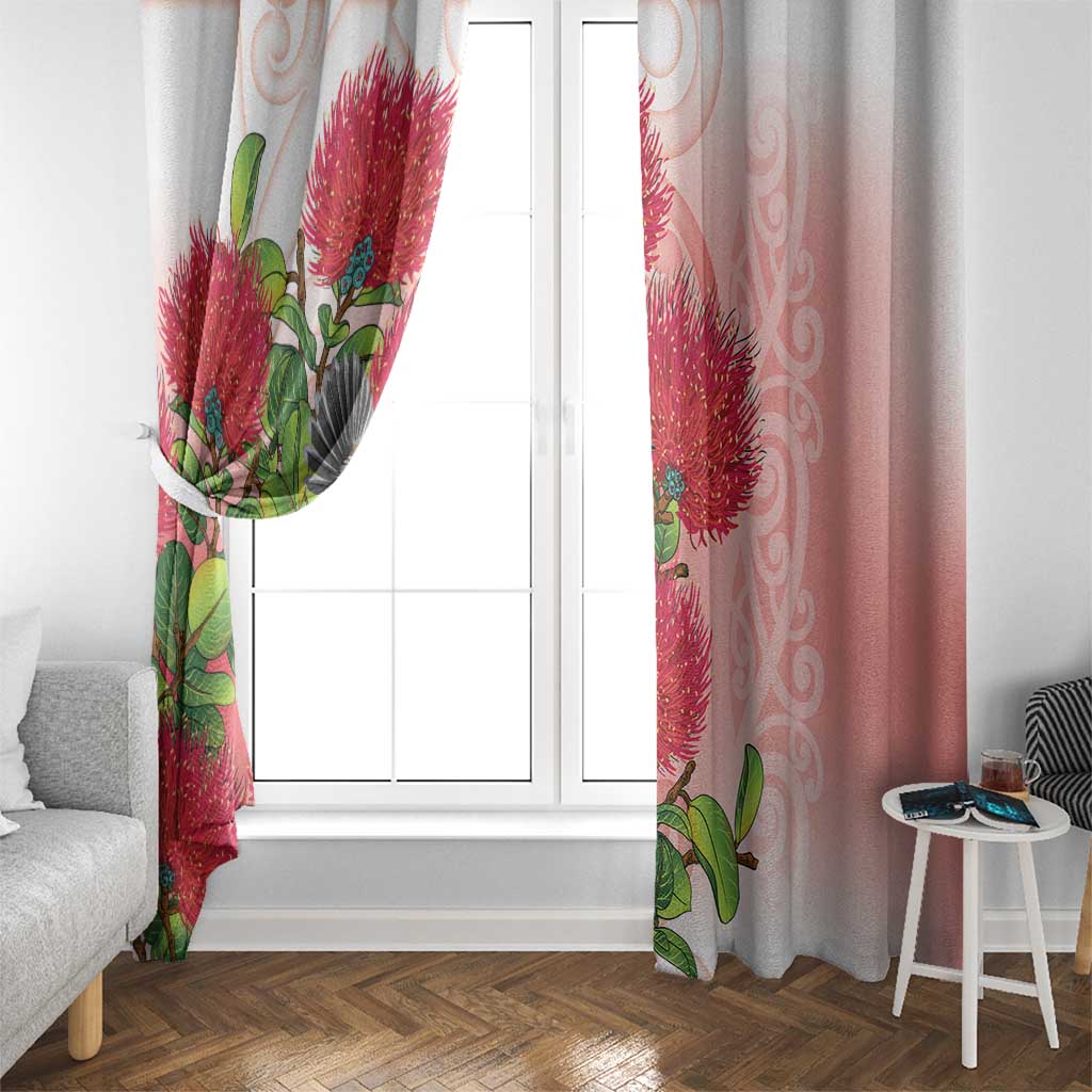 New Zealand Fantail Window Curtain Maori Koru With Pohutukawa Flowers - Polynesian Pride