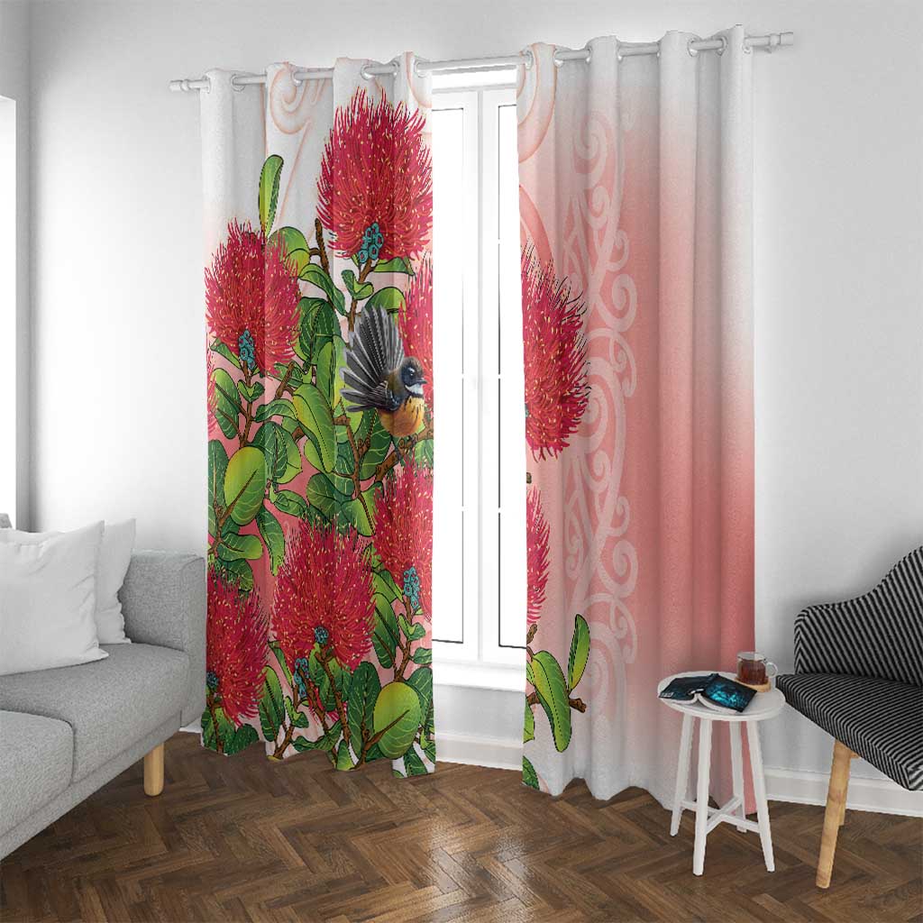 New Zealand Fantail Window Curtain Maori Koru With Pohutukawa Flowers - Polynesian Pride