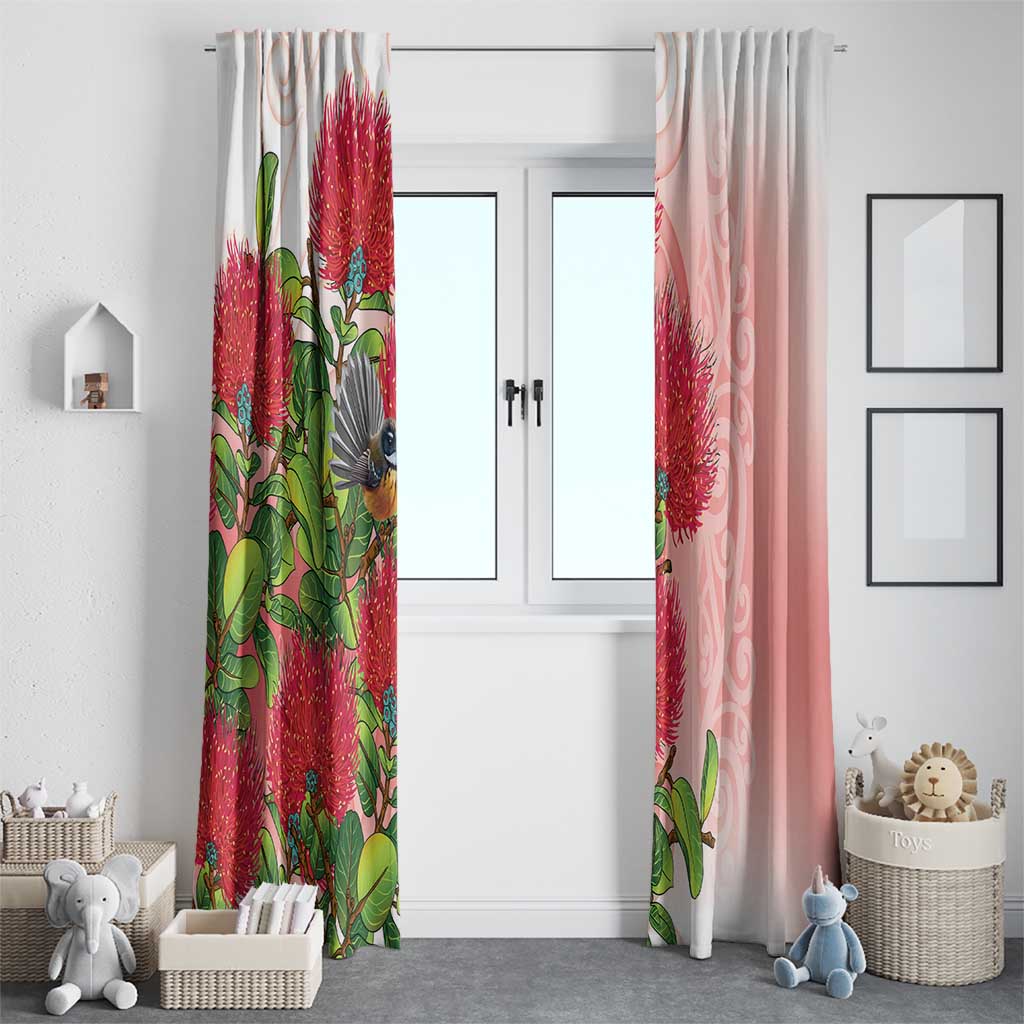 New Zealand Fantail Window Curtain Maori Koru With Pohutukawa Flowers - Polynesian Pride