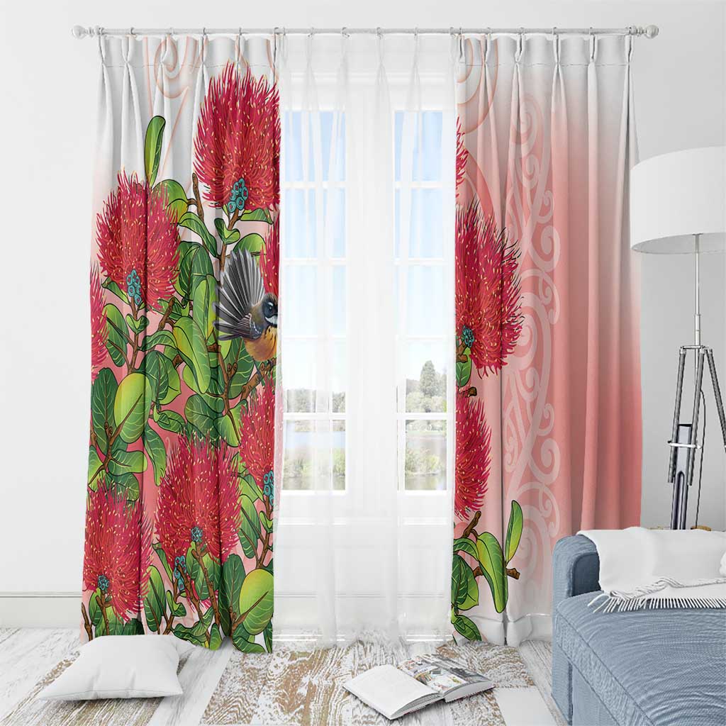 New Zealand Fantail Window Curtain Maori Koru With Pohutukawa Flowers - Polynesian Pride