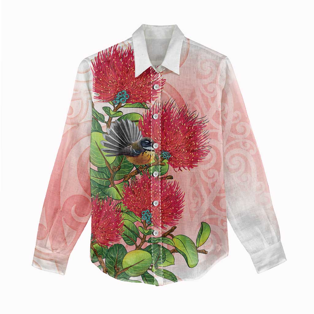 New Zealand Fantail Women Casual Shirt Maori Koru With Pohutukawa Flowers - Polynesian Pride