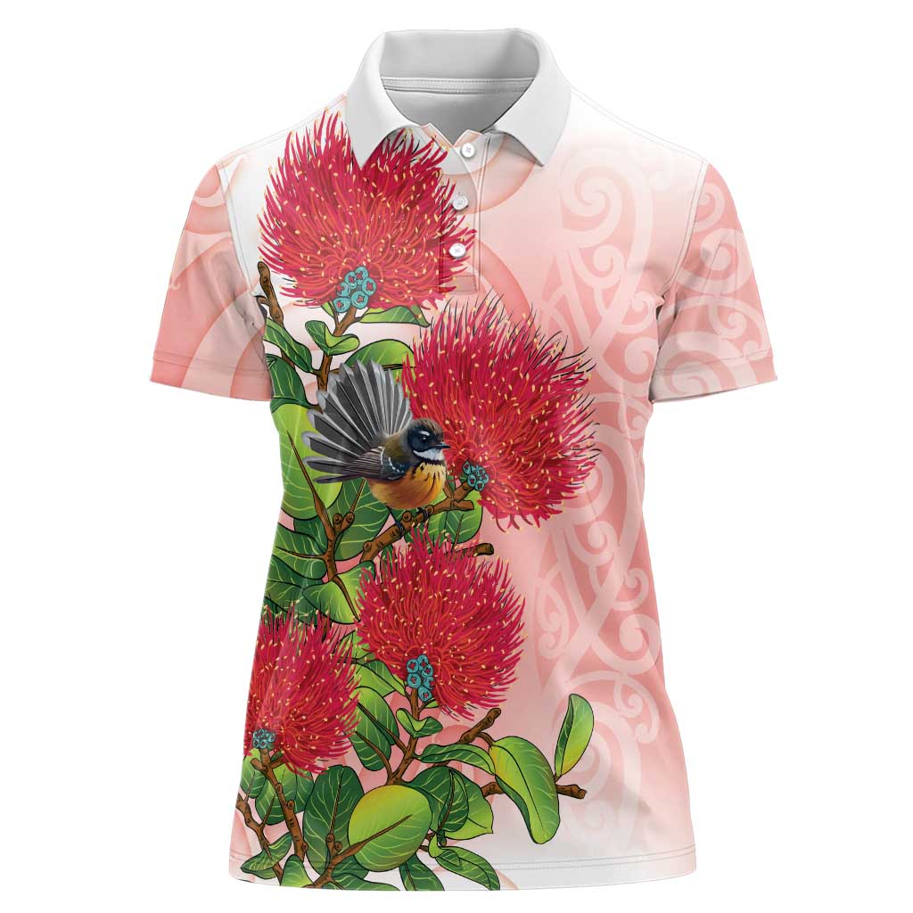 New Zealand Fantail Women Polo Shirt Maori Koru With Pohutukawa Flowers - Polynesian Pride