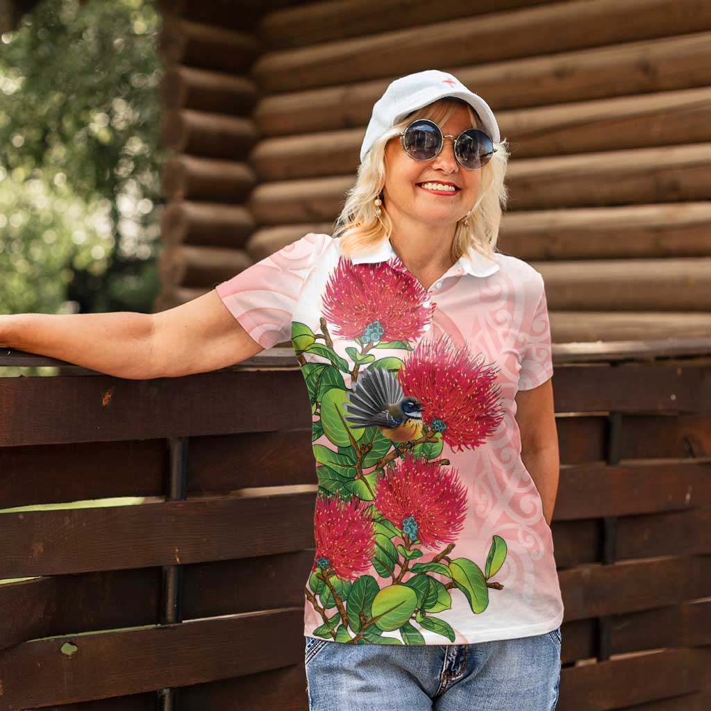 New Zealand Fantail Women Polo Shirt Maori Koru With Pohutukawa Flowers - Polynesian Pride