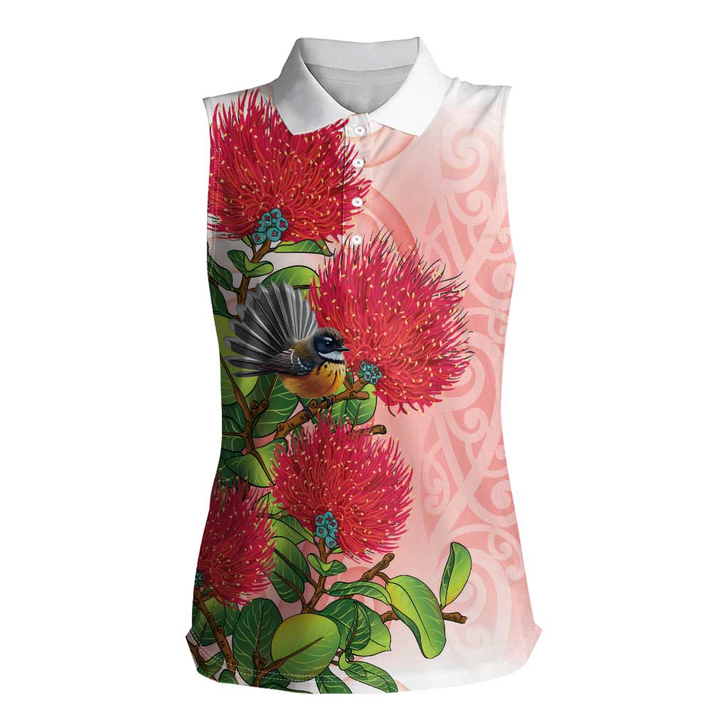 New Zealand Fantail Women Sleeveless Polo Shirt Maori Koru With Pohutukawa Flowers - Polynesian Pride
