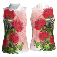 New Zealand Fantail Women Sleeveless Polo Shirt Maori Koru With Pohutukawa Flowers - Polynesian Pride