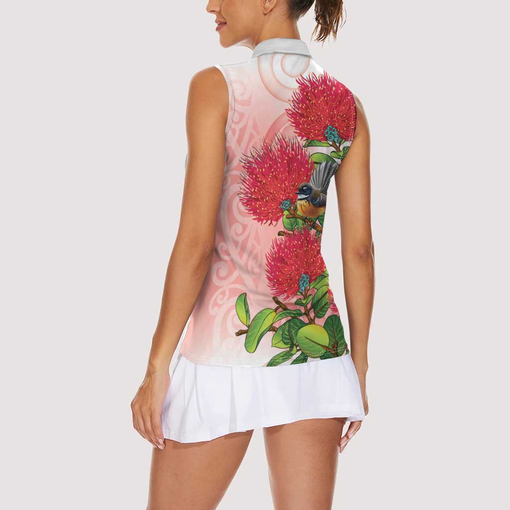 New Zealand Fantail Women Sleeveless Polo Shirt Maori Koru With Pohutukawa Flowers - Polynesian Pride