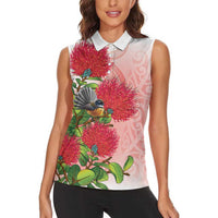 New Zealand Fantail Women Sleeveless Polo Shirt Maori Koru With Pohutukawa Flowers - Polynesian Pride
