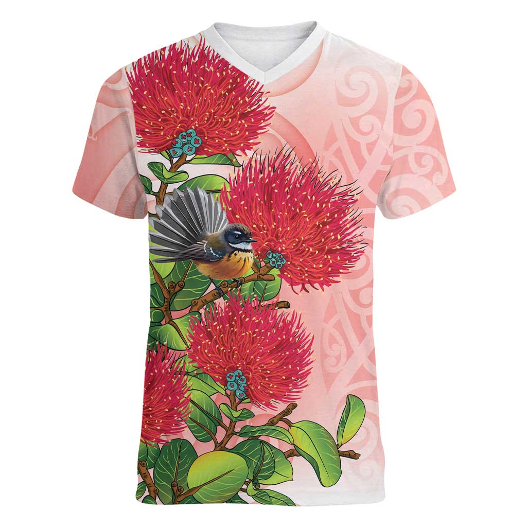 New Zealand Fantail Women V-Neck T-Shirt Maori Koru With Pohutukawa Flowers - Polynesian Pride
