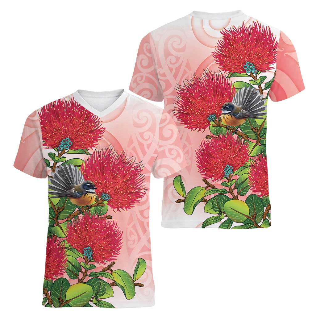 New Zealand Fantail Women V-Neck T-Shirt Maori Koru With Pohutukawa Flowers - Polynesian Pride