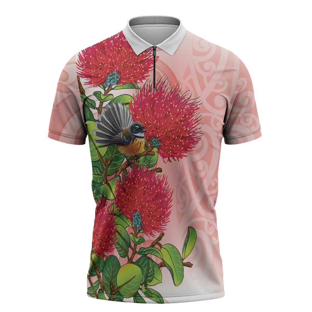 New Zealand Fantail Zipper Polo Shirt Maori Koru With Pohutukawa Flowers - Polynesian Pride