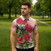 New Zealand Fantail Zipper Polo Shirt Maori Koru With Pohutukawa Flowers - Polynesian Pride