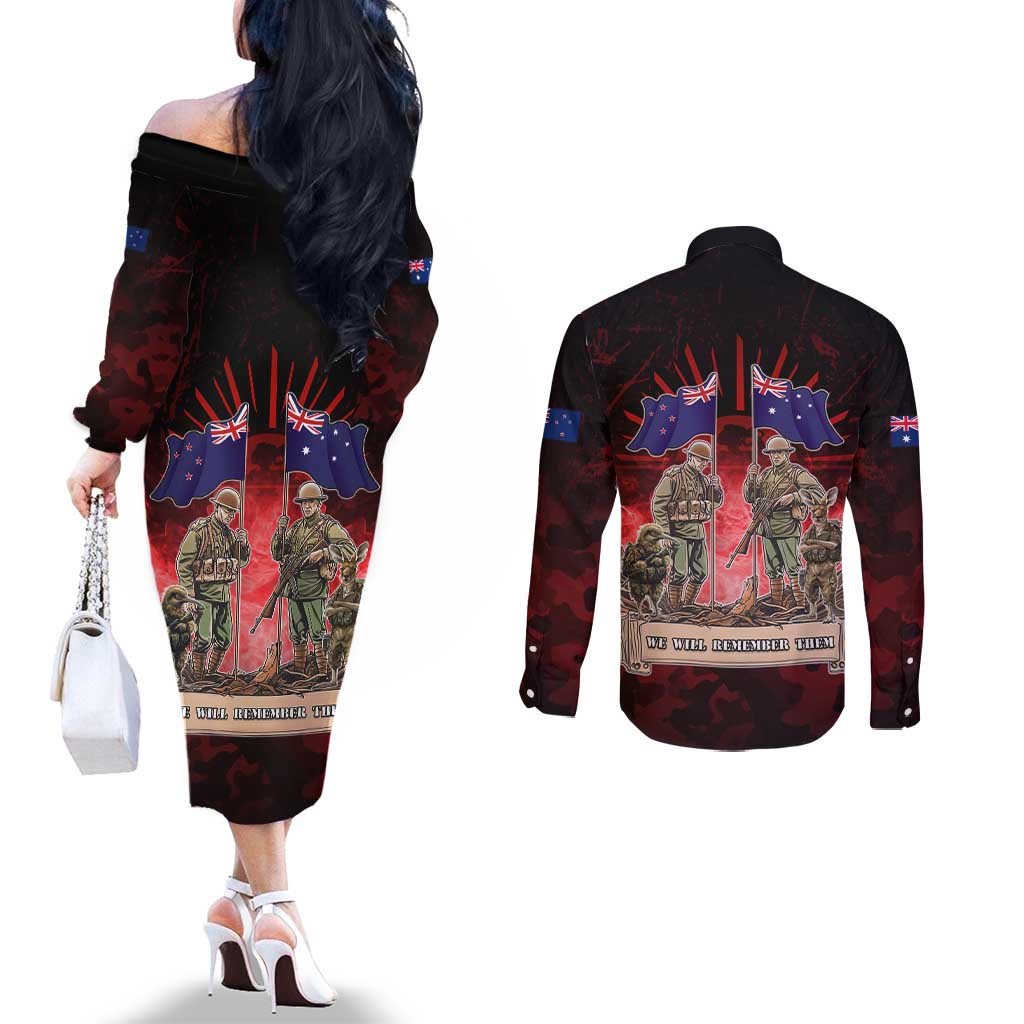 Australia And New Zealand ANZAC Day Couples Matching Off The Shoulder Long Sleeve Dress and Long Sleeve Button Shirt Soldiers Lest We Forget