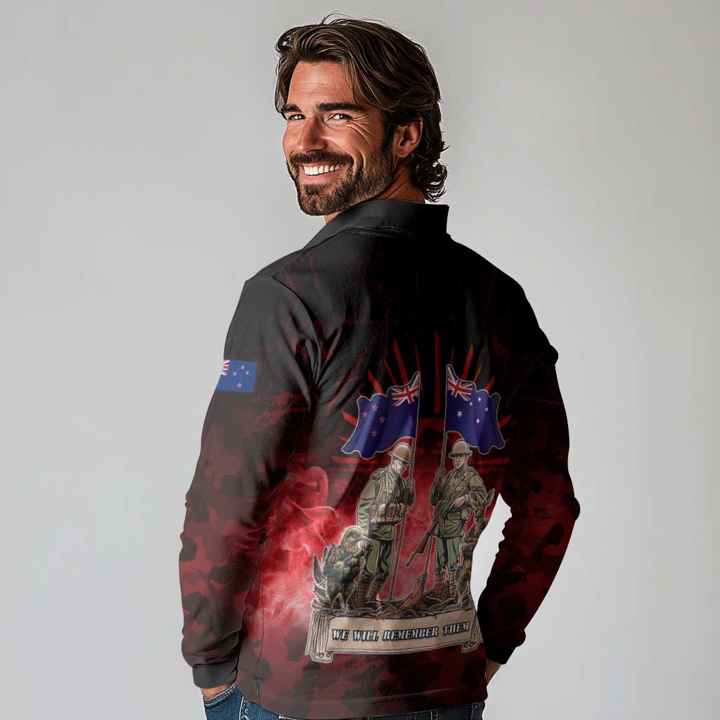 Australia And New Zealand ANZAC Day Long Sleeve Polo Shirt Soldiers Lest We Forget