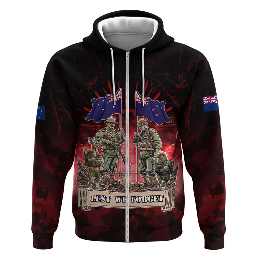 Australia And New Zealand ANZAC Day Zip Hoodie Soldiers Lest We Forget LT05 Zip Hoodie Red - Polynesian Pride
