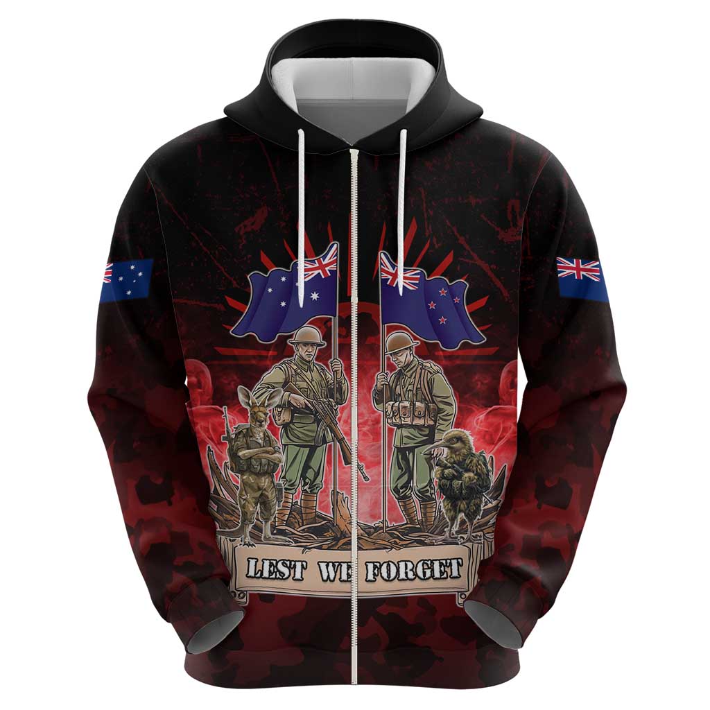 Australia And New Zealand ANZAC Day Zip Hoodie Soldiers Lest We Forget LT05 - Polynesian Pride