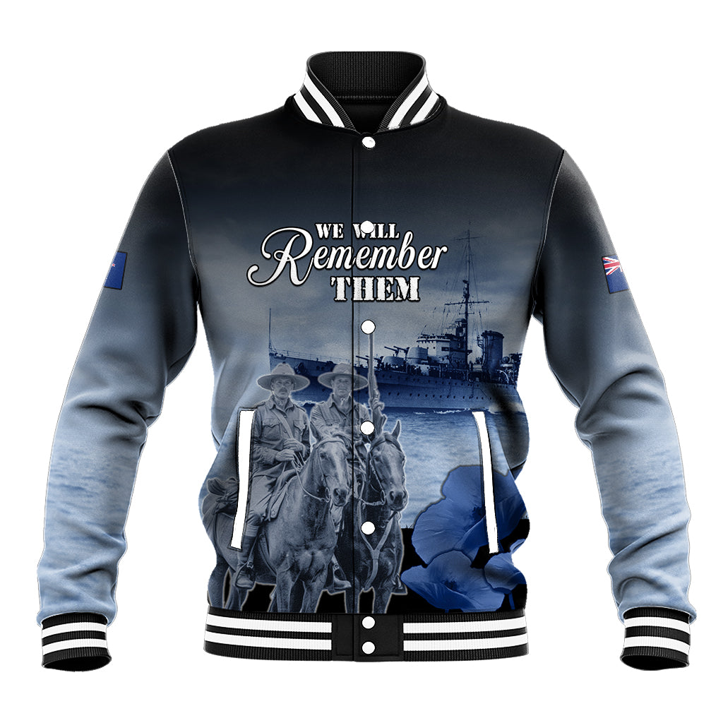 New Zealand ANZAC Day Baseball Jacket HMNZS Achilles We Will Remember Them LT05 Unisex Blue - Polynesian Pride