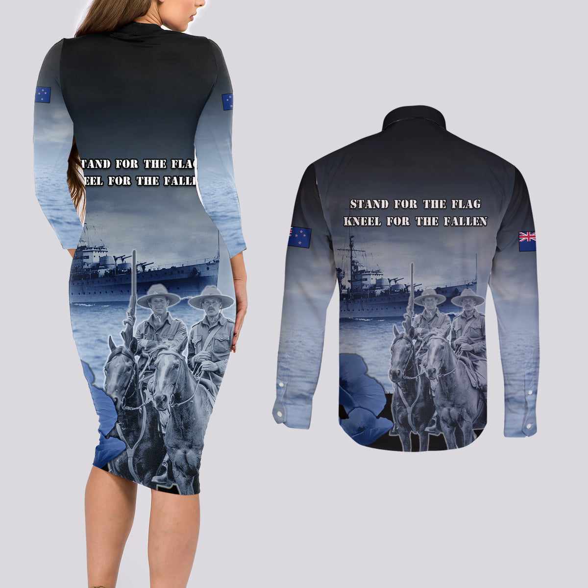 New Zealand ANZAC Day Couples Matching Long Sleeve Bodycon Dress and Long Sleeve Button Shirt HMNZS Achilles We Will Remember Them LT05 - Polynesian Pride