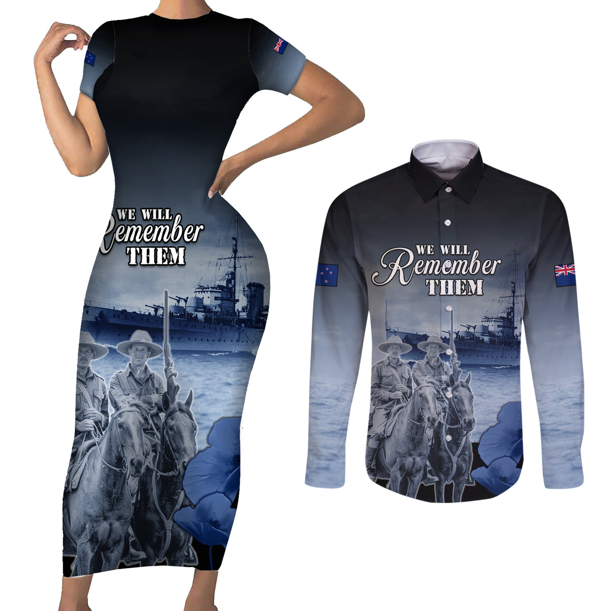 New Zealand ANZAC Day Couples Matching Short Sleeve Bodycon Dress and Long Sleeve Button Shirt HMNZS Achilles We Will Remember Them LT05 Blue - Polynesian Pride