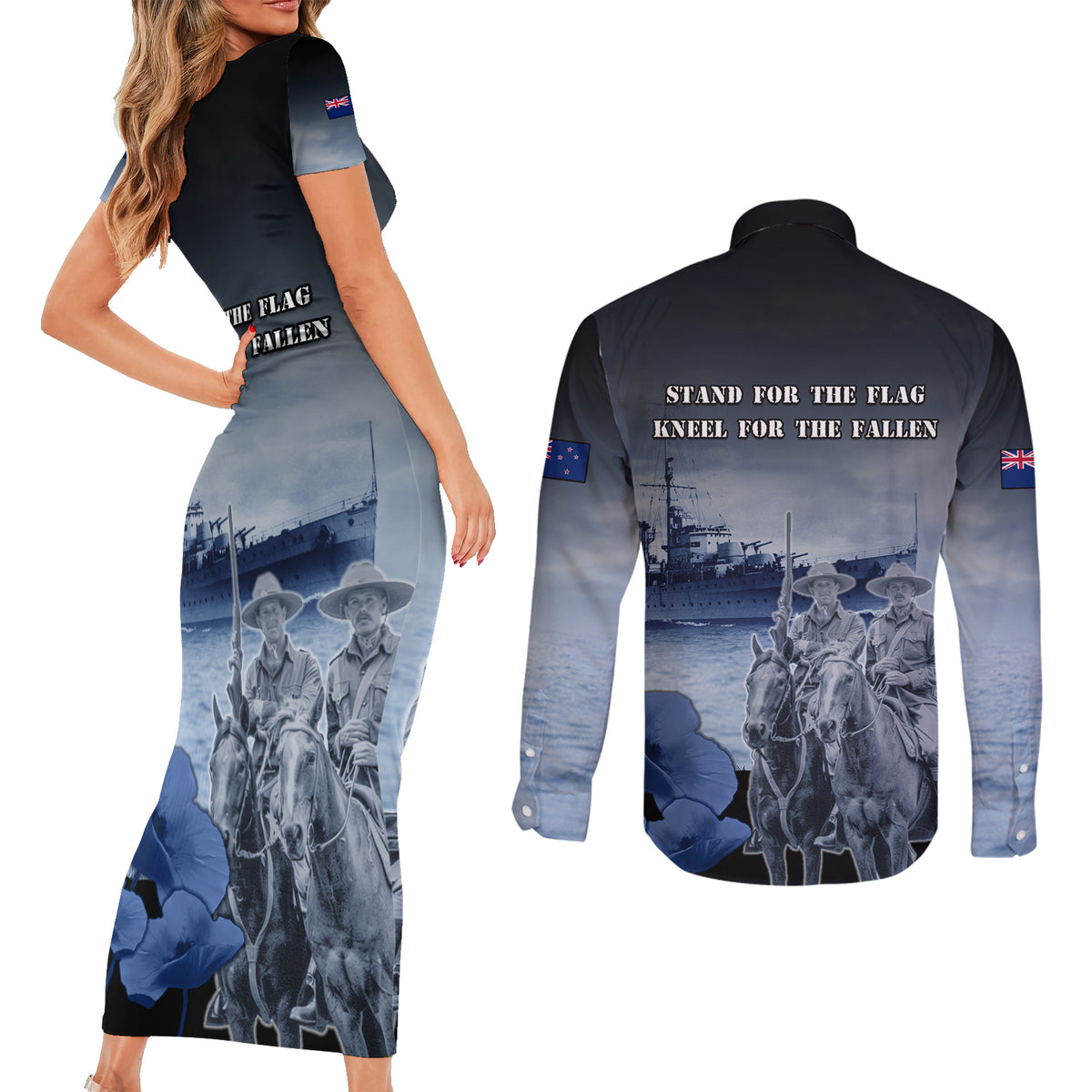 New Zealand ANZAC Day Couples Matching Short Sleeve Bodycon Dress and Long Sleeve Button Shirt HMNZS Achilles We Will Remember Them LT05 - Polynesian Pride