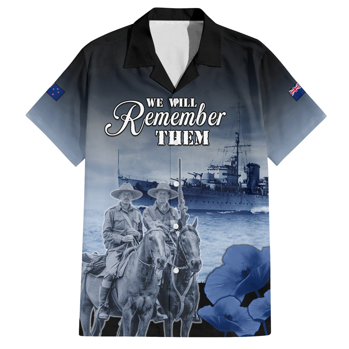 New Zealand ANZAC Day Family Matching Long Sleeve Bodycon Dress and Hawaiian Shirt HMNZS Achilles We Will Remember Them LT05 Dad's Shirt - Short Sleeve Blue - Polynesian Pride