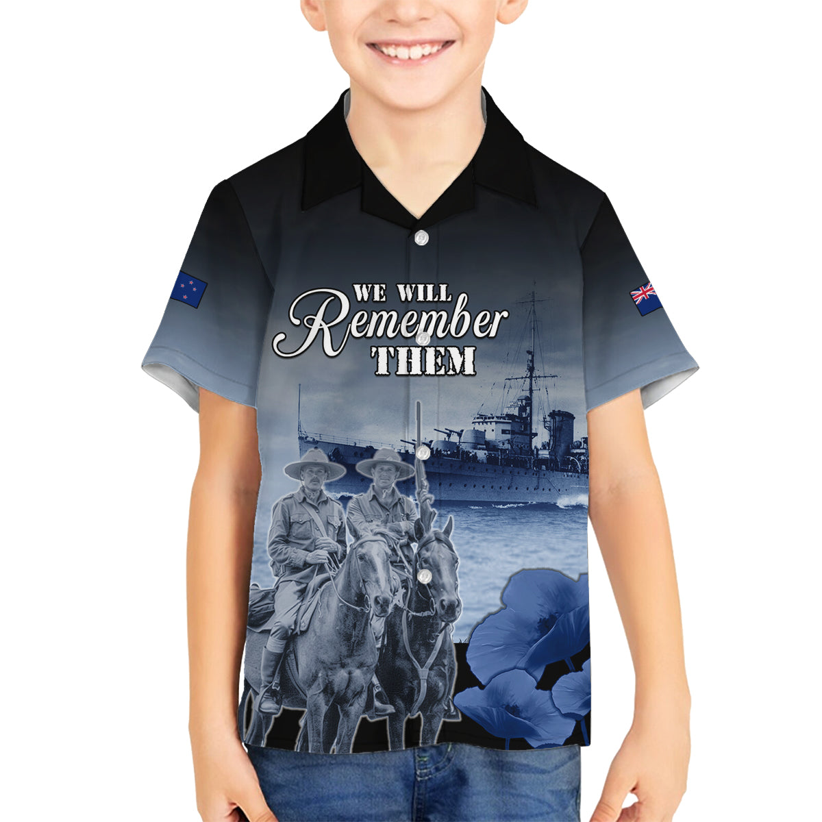 New Zealand ANZAC Day Family Matching Tank Maxi Dress and Hawaiian Shirt HMNZS Achilles We Will Remember Them LT05 Son's Shirt Blue - Polynesian Pride