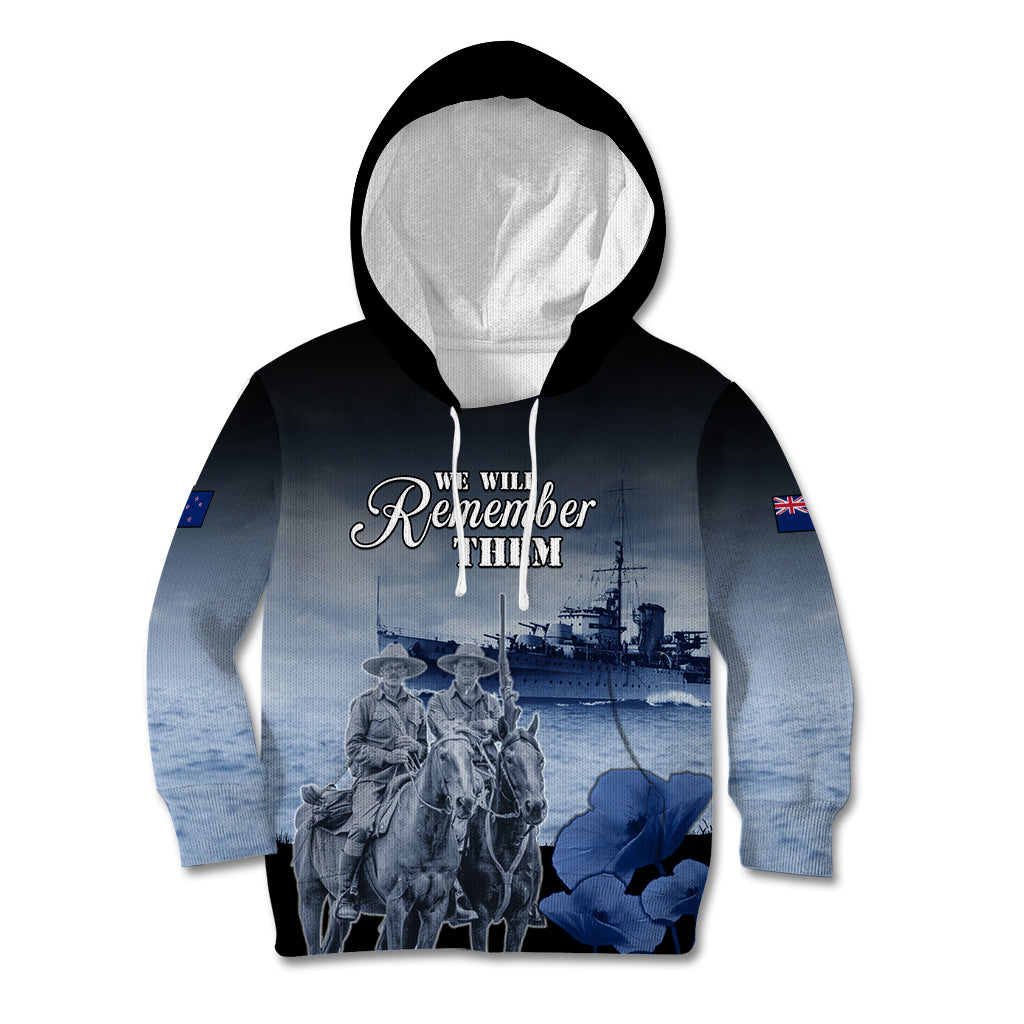 New Zealand ANZAC Day Kid Hoodie HMNZS Achilles We Will Remember Them LT05 Hoodie Blue - Polynesian Pride