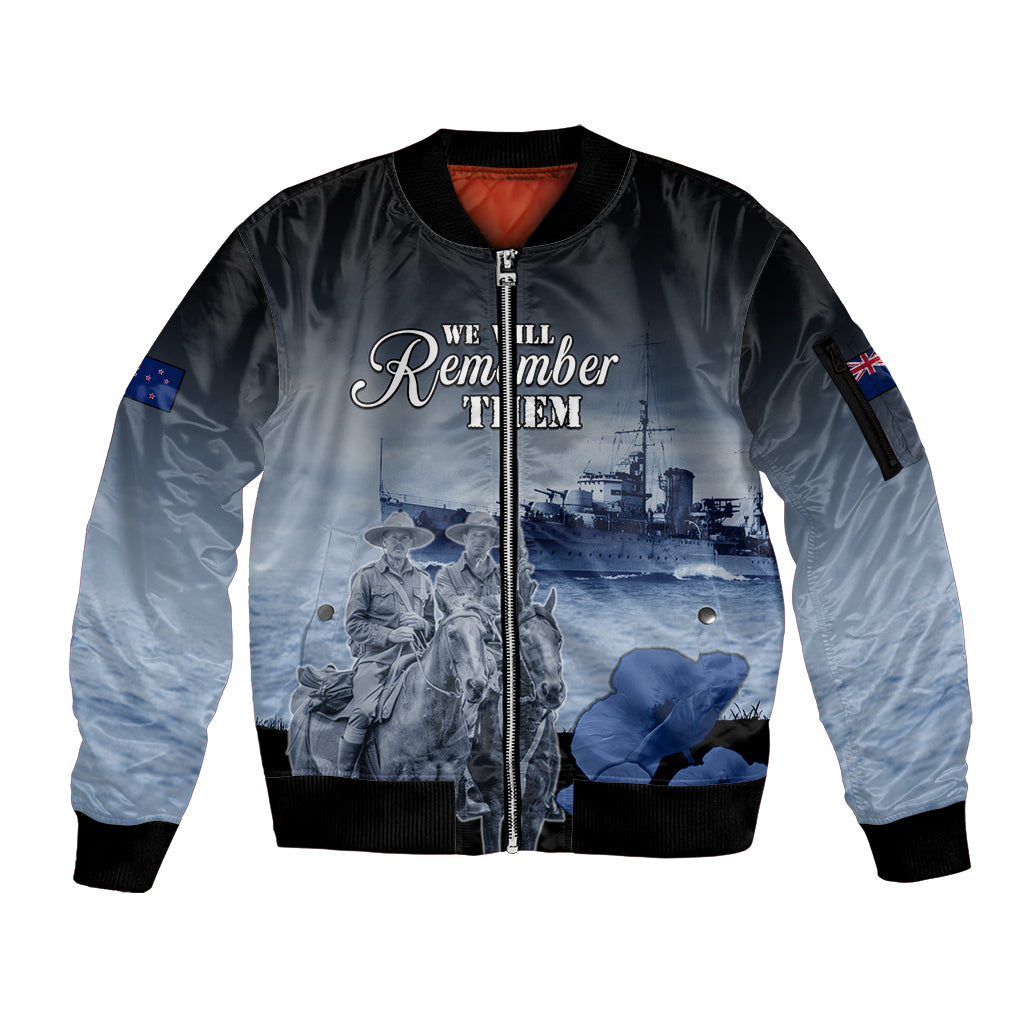 New Zealand ANZAC Day Sleeve Zip Bomber Jacket HMNZS Achilles We Will Remember Them LT05 Unisex Blue - Polynesian Pride